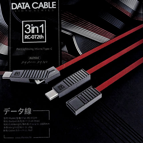 REMAX RC-072th 3-in-1 Data & Charging Cable – Lightning, Micro-USB & USB-C, 2.1A, 1 Metre | Item no.: 2189