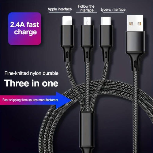 3-in-1 Braided USB Fast Charging Cable – 2.4A Lightning, USB-C & Micro-USB Charger | Item no.: 3010