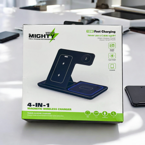 Mighty 4-in-1 Wireless Charging Dock – 15W Magnetic Stand for Phone, Watch & Earbuds | Item no.: