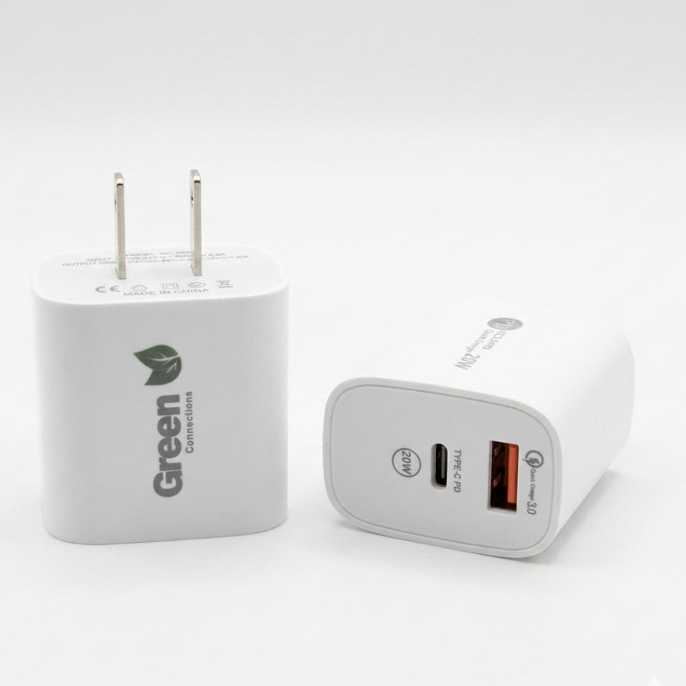 20W Dual-Port Fast Wall Charger – USB-C PD & USB-A QC 3.0 | White | Item no.: 3267