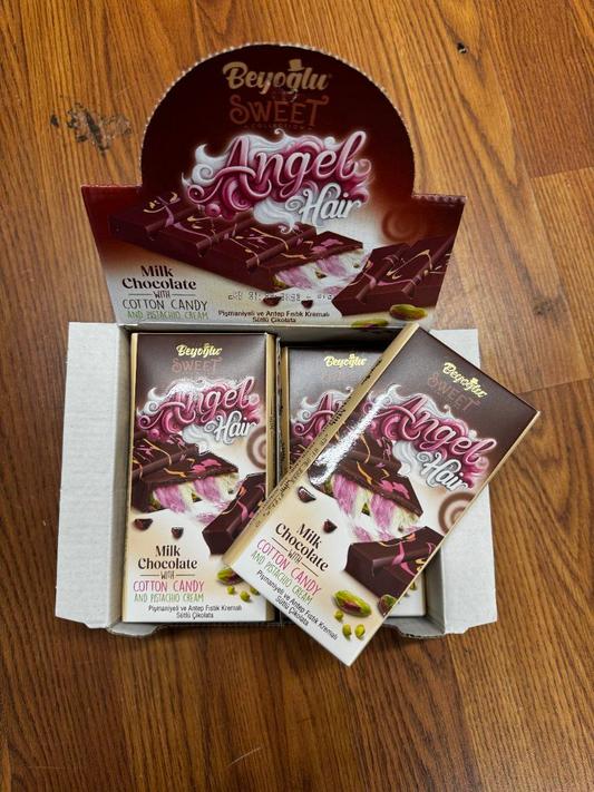 ANGEL HAIR MILK CHOCOLATE WITH COTTON CANDY AND PISTACHIO CREAM